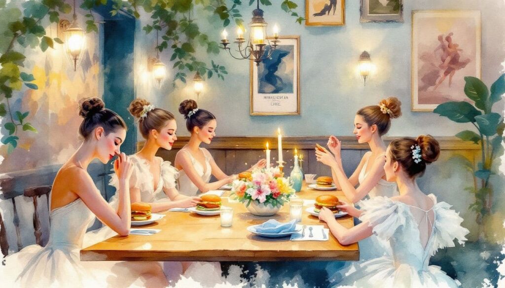 A vibrant scene of Minnesota ballet dancers enjoying a meal at a local restaurant in Minneapolis